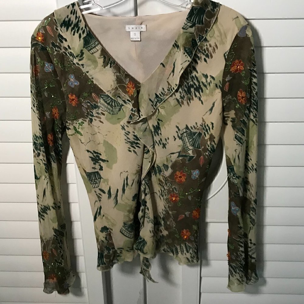 Lapis silk v-neck floral top w/jeweled flowers, S